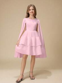 Girls' Long Sleeve Round Neck Mesh Patchwork Solid Color Dress, Wedding Gown/Formal Dress For Wedding Season, Valentine's Day Party - Pink - View 6