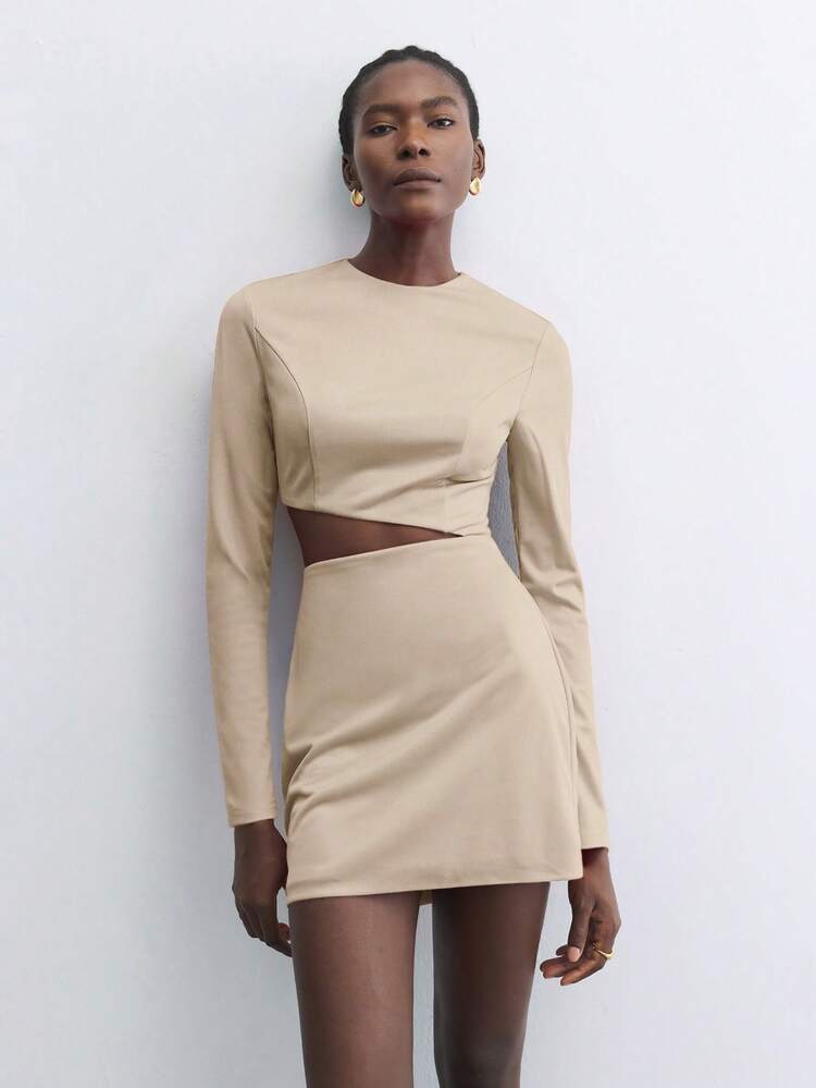 SHEIN Maija Women's Elegant Black Hollow Long Sleeve Crew Neck Mini Dress, Versatile For Holidays, Party, Spring Season Business Casual Women's Wear, Office Wear, Low-Key Old Money Style, Effortless Temperament, High-End Urban Commuting, The Same Style As The Editor-In-Chief Of The Magazine, Urban Social Vacation Party Wear, Charming, Low-Key And Durable Basic Style, Versatile And Not Picky Clothing, Street Fashion Wear, Clothing, Coffee Shop, Relaxed Wear