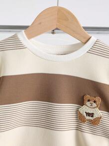 SHEIN 2pcs/Set Young Boy Kids Comfortable And Casual Daily Versatile Fashionable Cute Teddy Bear Embroidered Khaki Striped Round Neck Knitted Top T-Shirt And Shorts Set, Suitable For Daily Use, Sports, Outings, Campus, Gatherings, Festivals, Performances, Photography, Back To School Season - Khaki - View 5