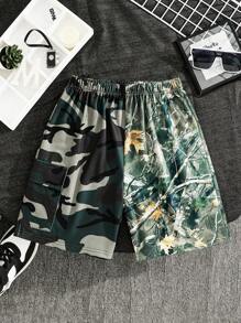 Shorts casuales y cómodos para niños preadolescentes con estilo callejero, de punto suelto con estampado de camuflaje y hoja marchita, aptos para la escuela, el jardín, la playa y cumpleaños en primavera/verano