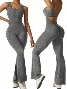 SHEIN Privé Große Größen Lässig Sport Yoga Sommer einfarbige Hose mit Ausschnitten, enger Romper Jumpsuit - Grau - Übersicht 10
