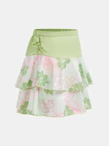 青少年女孩迷你超级裙带衬里短裤，多层蛋糕设计印花裙，甜美度假风格 - 綠色 - 查看 6