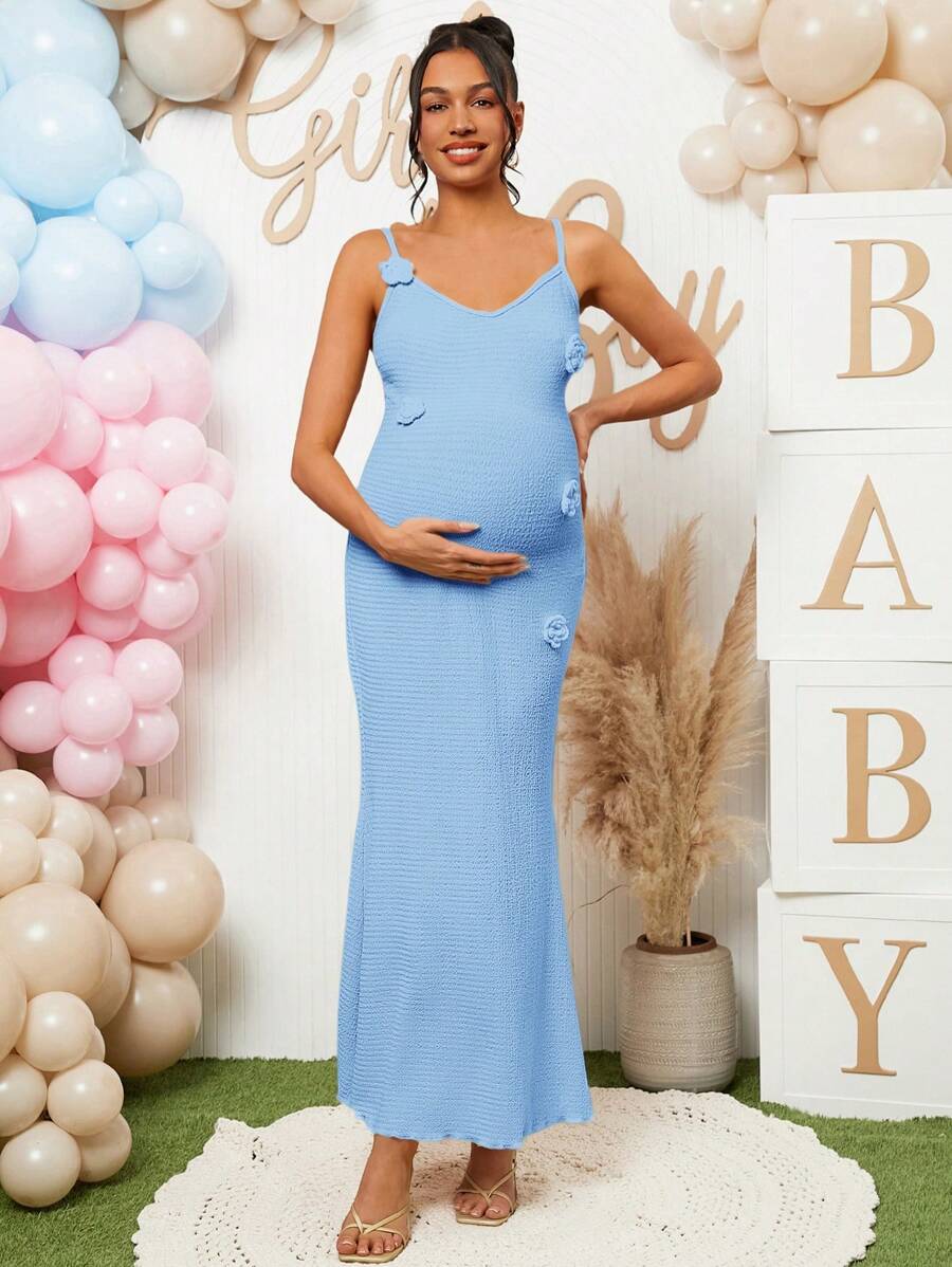 Loomaby Maternity Solid Color 3D Floral Decor Slim Fit Cami Dress - Blue - View 1