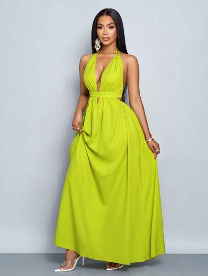 SOLERSUN 女士纯色挂脖 V 领度假海滩交叉系带露背长裙度假海滩装