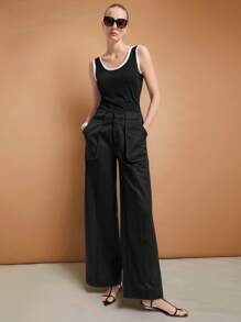 Ontre Pantalon ample décontracté de couleur unie pour femmes, design minimaliste, convient pour les déplacements urbains - Noir - Voir 4