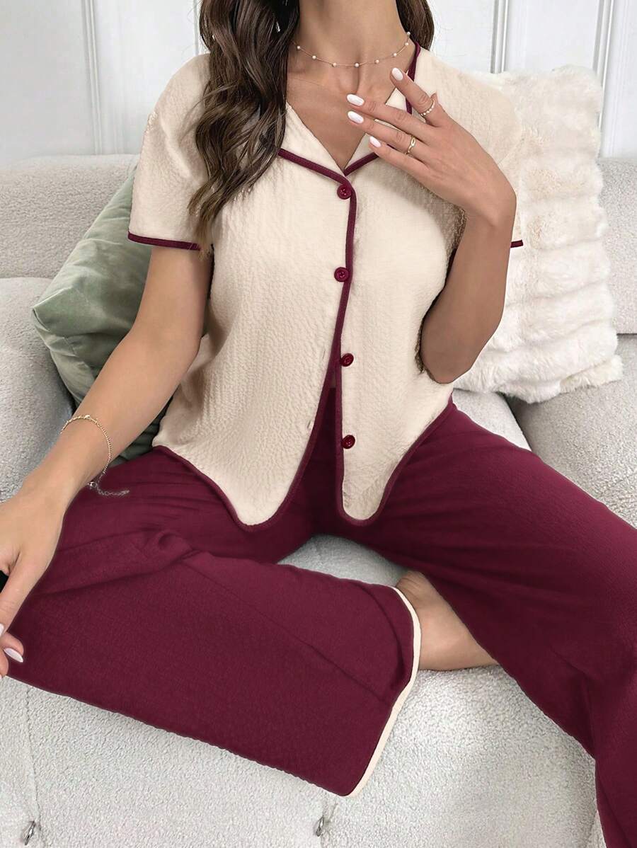 SHEIN Women's Color Block Patchwork Front Button Short Sleeve Minimalist Top And Pants Pajama Set Lounge Set - Burgundy - View 1