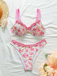 Swim Mod Damski letni zestaw bikini z marszczeniami w drobne kwiaty, uroczy i romantyczny