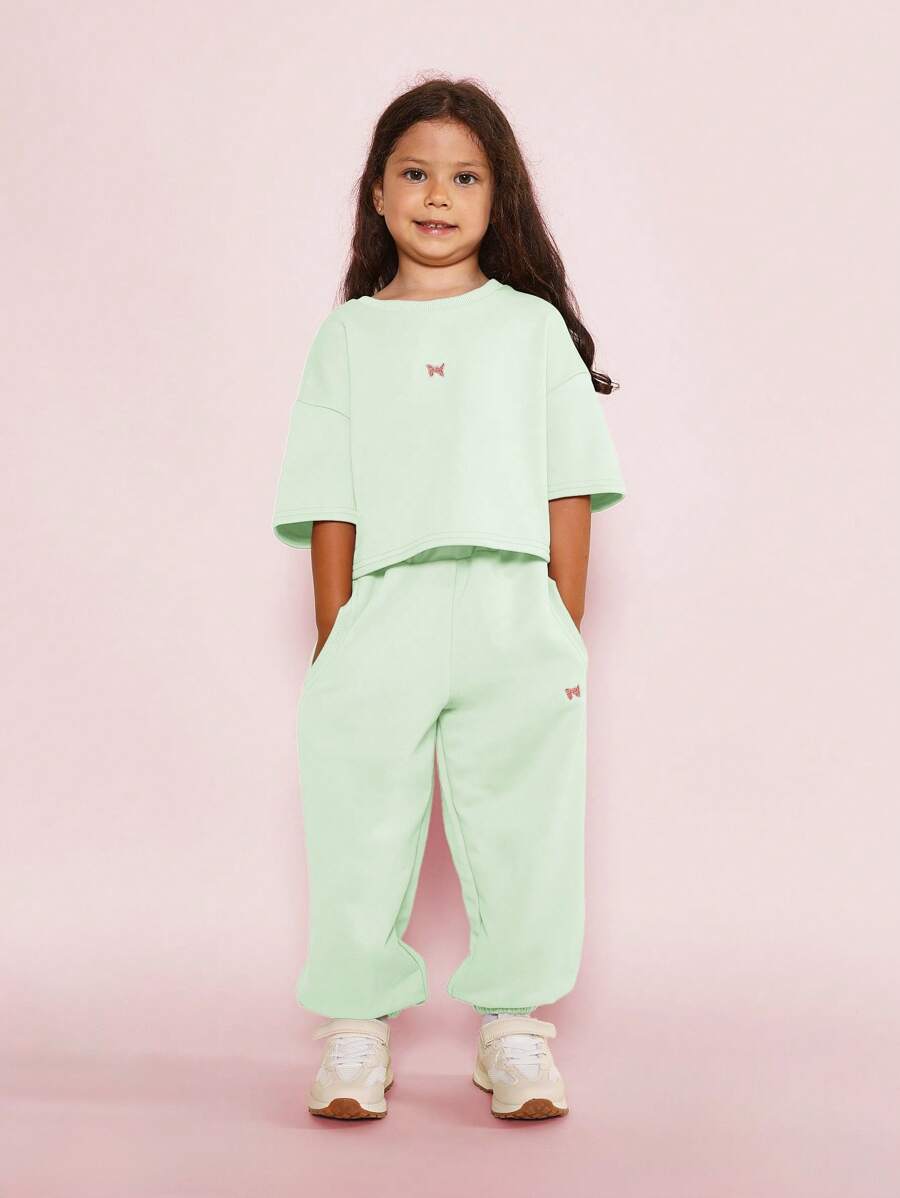 SUMWON Kids Butterfly Logo Two-Piece Leisure Set Boxy Crop Top Baggy Sweatpants Cozy Spring Fall Outfit Matching Wear Tracksuit Comfortable Play Set - Mint Green - View 1