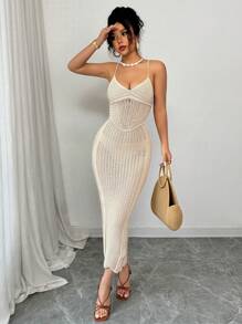 Rafferiza New Slim Fit Sexy Hollow Out Strap Fashion Personalized Knit Dress For Women, Suitable For Beach Vacation, Spring/Summer - Khaki - View 6