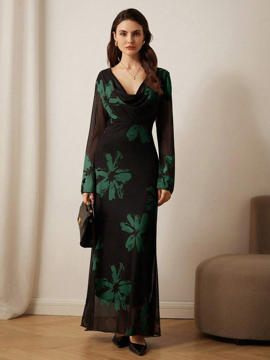 Aveloria 法式浪漫秋季复古垂领弹力轮廓印花网眼长裙，随机花卉印花长袖连衣裙情人节春夏女士连衣裙女士优雅 - 綠色 - 查看 1