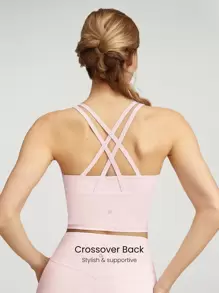 GLOWMODE FeatherFit™ Longline Crossover Strap Sports Bra Light Support Yoga Studio Gym Daily Fall Winter - Baby Pink - View 3