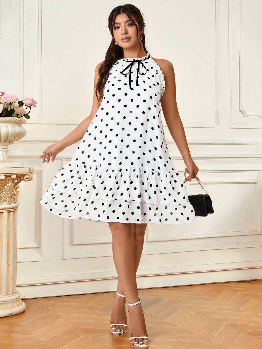 SHEIN Belle Váy không tay dáng chữ A rộng rãi, viền ren hoa, nơ, dây đeo vai, xếp nếp, chấm bi, thanh lịch cho ngày lễ tình nhân - Màu Xám nhạt - Xem 1