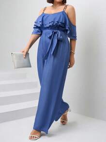 SHEIN Clasi 大码女式纯色露肩荷叶边阔腿休闲连体裤