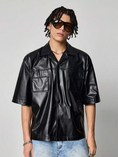 Street Life Men's Punk Boxy Fit PU Leather Short Sleeve Utility Pocket Fashion Shirt