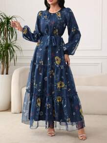 Modelyn 女式长款花卉印花雪纺收腰连衣裙，优雅春夏季 - 藏蓝色 - 查看 3