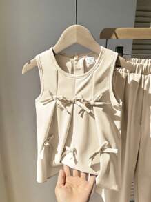 2pcs/Set Girls Purple Solid Elegant Design Pleated Bow Sleeveless Top And Loose Pleated Long Pants Outfit, Fashionable Summer Set Kids Elegant Dress Girl Elegant Dress Young Girl Birthday Dress - Champagne - View 5