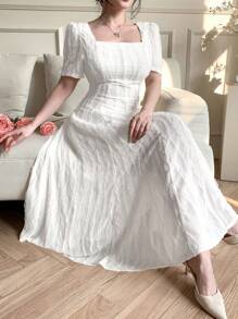 DAZY 女式纯色方领荷叶边下摆优雅纹理中长连衣裙夏季优雅太阳裙 - 白色 - 查看 2