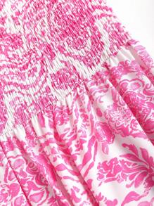 Sweetra French Summer New V-Neck Hollow Out Vacation Elegant Pink Floral Print Sling Dress For Women - Pink - View 3