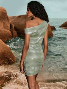 Poéselle 绿色亮片连衣裙，狂欢装，生日女士装，复活节女士连衣裙，女士不对称领口扎染亮片装饰连衣裙