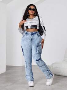 SHEIN EZwear Jeans cargo slim casual évasé bleu grande taille