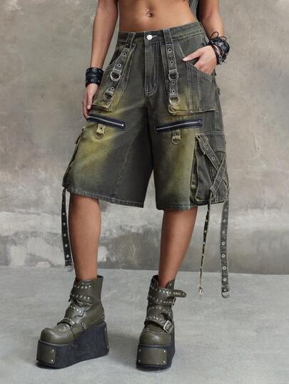 Grunge Punk Vintage Washed Denim Mid-Thigh Cargo Shorts With Multi-Pockets, Loose Relaxed Waist, Dystopian Punk Street Style