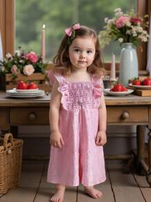 SHEIN Baby Girl Solid Color Embroidered Ruffle Hem Romper - Hot Pink - View 1