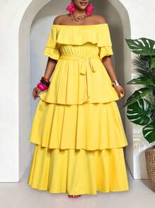 Slaydiva Plus Size Women 2025 New  Butter Yellow Arrival Casual Daily Beach Off Shoulder Layered Ruffle Belted Dress, Suitable For Spring/Summer - Yellow - View 4