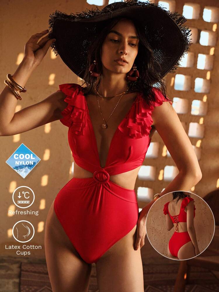 RUFFLE CUT OUT ONE-PIECE SWIMSUIT FOR SUMMER BEACH VACATION