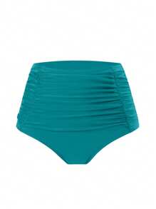 Swim Basics Women High Waist Tummy Control Solid Bikini Bottom For Summer Beach Vacation - Teal Blue - View 4
