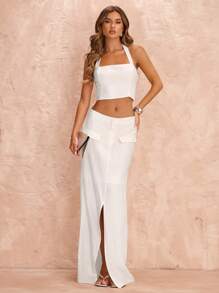 SHEIN BAE 女士纯白色吊带背心裙开叉套装办公室工作服通勤服办公室仙女装夏季海边度假服度假套装马甲套装裙套装 - 白色 - 查看 4