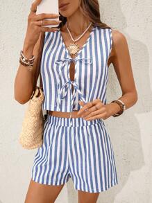 SHEIN VCAY 2pcs/Set Women Striped Woven Crop Top & High Waist Shorts Set, Vacation, Casual Summer Vacation Outfits Woman, Western Clothes For Women, Boho Chic, Country Concert Outfit, Country Concert Outfit, Holiday Festival Outfits, Beach Outfits For Woman, Summer Sets