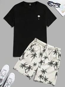 Manfinity BRENVOR 2 buc/Set Set de tricou și pantaloni scurți pentru bărbați, casual, imprimat cu palmieri, pentru vară - Negru - Vizualizare 1