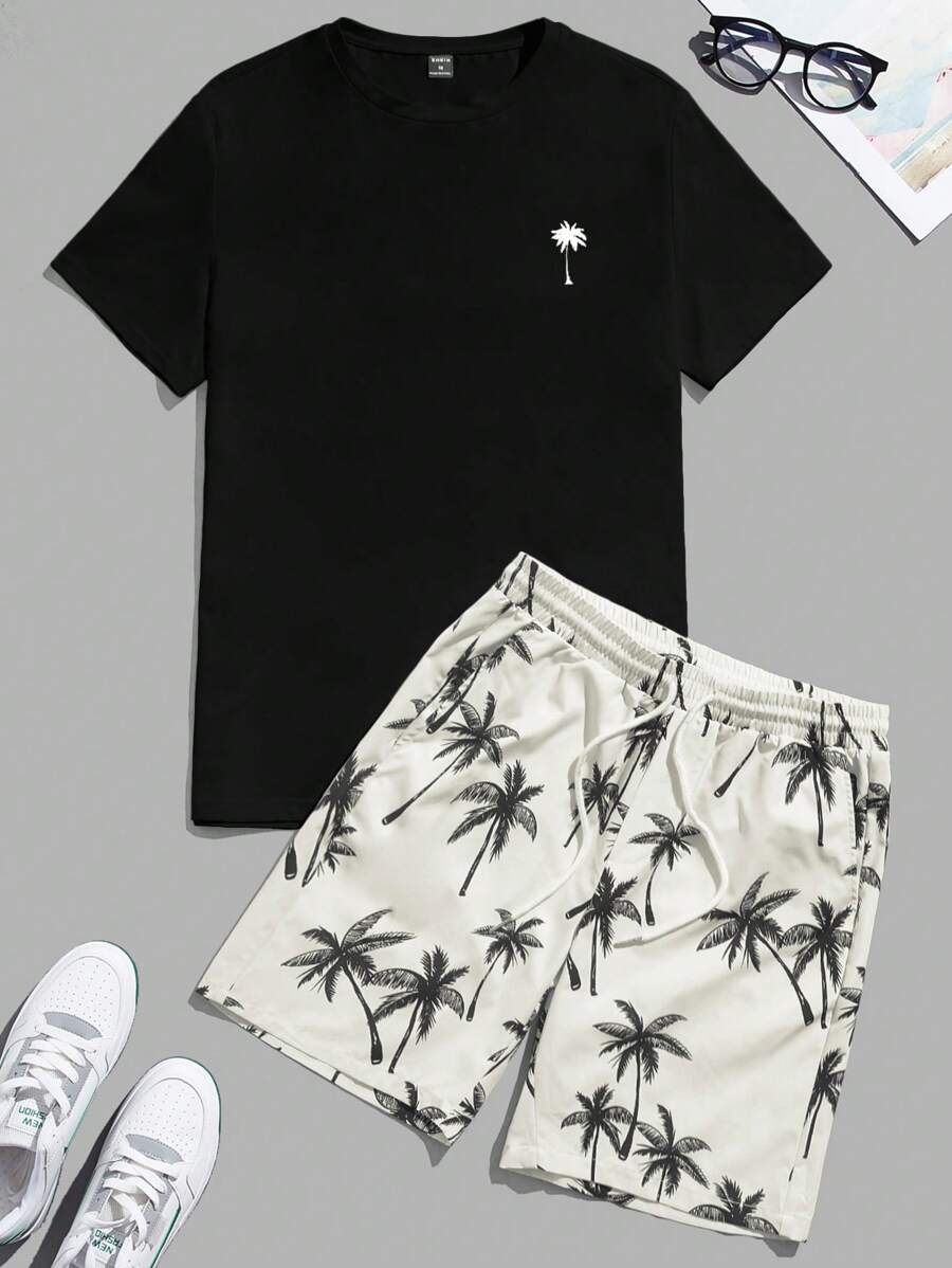Manfinity BRENVOR 2 buc/Set Set de tricou și pantaloni scurți pentru bărbați, casual, imprimat cu palmieri, pentru vară - Negru - Vizualizare 1