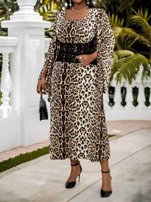 SHEIN Lady Elegant Brown Leopard Print Midi Dress For Women, Plus Size Autumn Outfits, Vintage Square Neck Flared Split Sleeve Corset Dress, Church Clothes - Multicolor - View 3