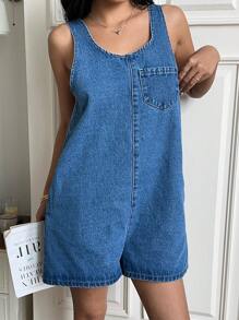 SHEIN ICON Women's Denim Jumpsuit, Loose Sleeveless Blue Overall, Summer Outfits /Summer/Summer Clothes/Cute Summer Tops, Dress, Festival/Festival Outfits, Rave Outfits/Concert Outfit Women/Country Concert Outfit/Rave/Rave Outfits Beach, Brunch Outfits, Spring Break / Spring Break Outfits, Concert Outfit Women / Rave Outfits Festival / Country Concert Outfit / Ibiza Outfits / Nashville Outfits, Summer/Summer Outfits, Suitable For Summer, Spring Summer Vacation Beach Outfits Fashion Outfits - Blue - View 4