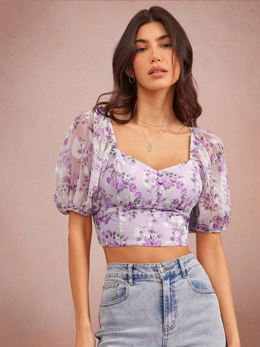 WESTFADE Western Cowgirl Floral Devore Woven V Neck Button Front Short Puff Sleeve Crop Top Spring Break Vacation - Purple - View 1