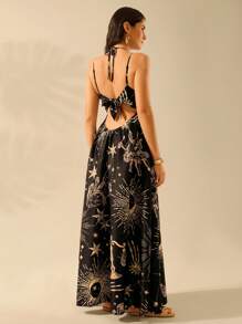 CAJUNI Váy dây mảnh in họa tiết ngôi sao mặt trăng nhiệt đới Boho cổ điển cho nữ, phong cách kỳ nghỉ - Nhiều màu - Xem 2