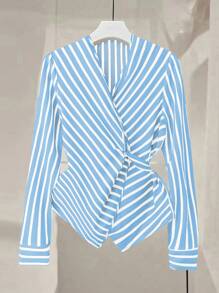 SHEIN Clasi Elegant Stylish Long Sleeve Striped Dress With Criss-Cross Neckline And Waist Tie