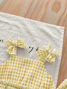 SHEIN LMoss Kids Bộ đồ yếm kẻ sọc dễ thương cho bé gái và quần cạp chun, mùa hè - Màu vàng - Xem 4