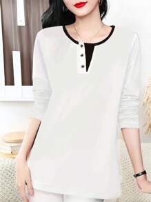 SHEIN Unity Blusa casual da donna con scollo a V, decorata con bottoni, a blocchi di colore, manica lunga, vestibilità slim