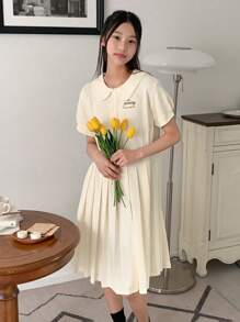 DAZY Tween Girls Casual Letter Print Pleated Hem Dress - Apricot - View 3