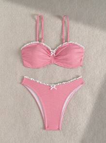 Swim Mod Women's Striped Lace Trim Bow Decor Bikini Swimwear Set, Summer Beach Vacation - Multicolor - View 5