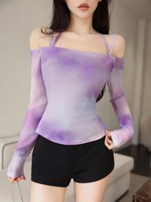 Modelyn Women's Long Sleeve Halter Neck Tie Shoulder Print Top - Purple - View 1