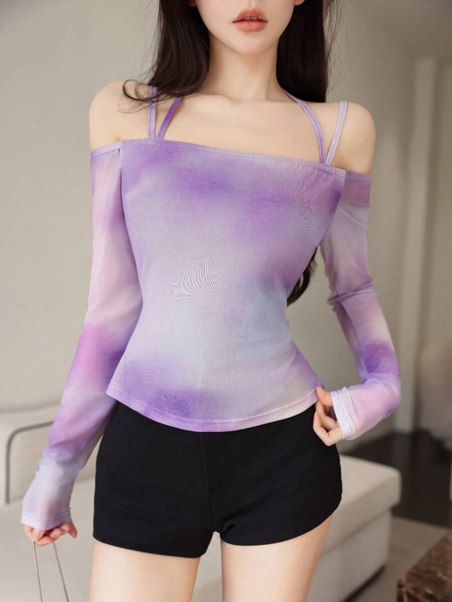 Modelyn Women's Long Sleeve Halter Neck Tie Shoulder Print Top - Purple - View 1