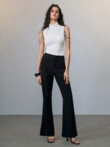 SHEIN LUNE 女士百搭修身银色锁子甲露背上衣，高领弹力白色蕾丝背心，春夏