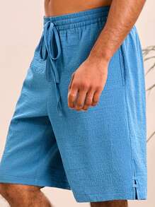 Manfinity VCAY Men's Woven Casual Loose Drawstring Waist Straight Leg Shorts, Solid Color - Royal Blue - View 1