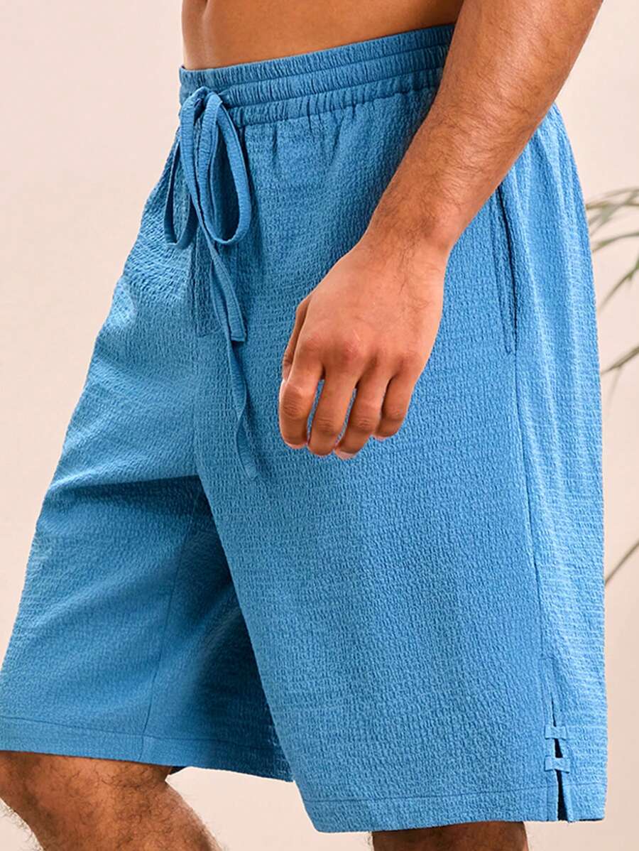 Manfinity VCAY Men's Woven Casual Loose Drawstring Waist Straight Leg Shorts, Solid Color - Royal Blue - View 1