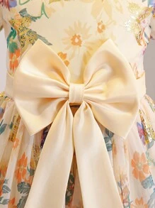 Girls' Sweet Puff Sleeve Princess Dress, Net Yarn Printed Dress For Birthday Party, Stage Performance, Fashionable Outfits - Orange - View 7