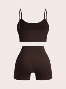 SHEIN EZwear Brown Vest & Shorts & Slim Fit Pants Multi-Piece Outdoor Set - Brown - View 5