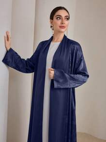 Graceveil Fashionable Elegant Jacquard Fabric Arabic Style Open Front Robe, Spring/Summer Modest Abaya - Navy Blue - View 4